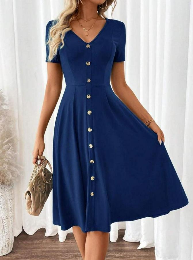 Kısa Kollu V Yakalı Önden Düğmeli A Kesim Dokuma Elbise