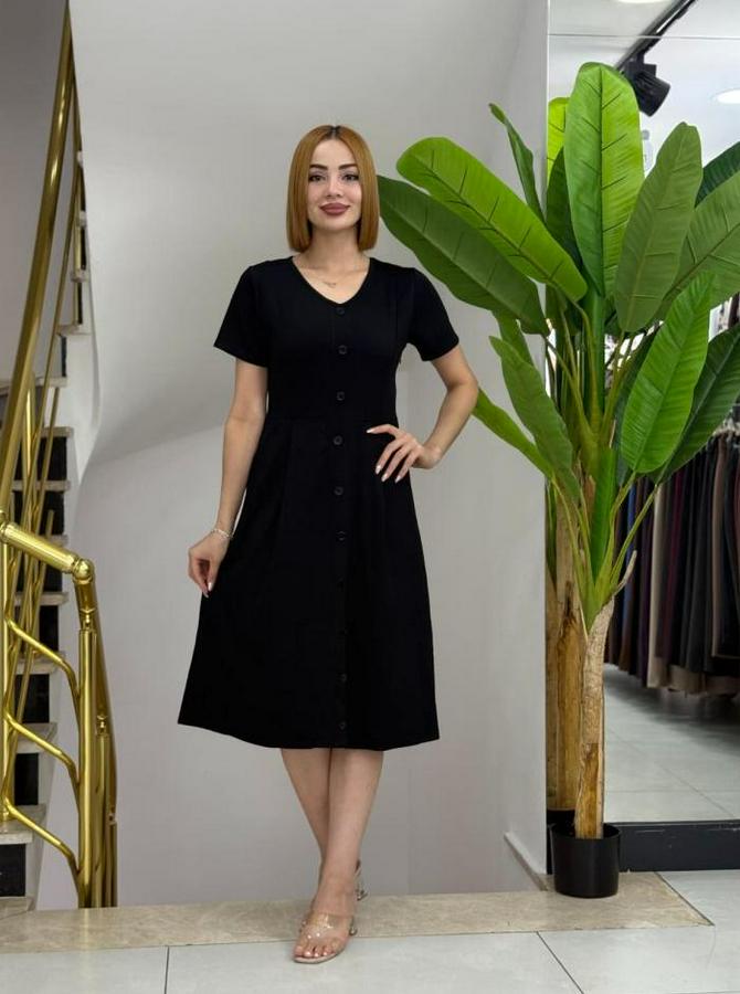 Kısa Kollu V Yakalı Önden Düğmeli A Kesim Dokuma Elbise