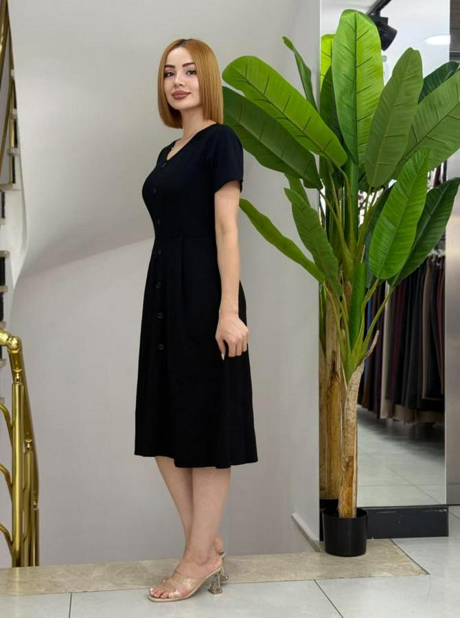 Kısa Kollu V Yakalı Önden Düğmeli A Kesim Dokuma Elbise