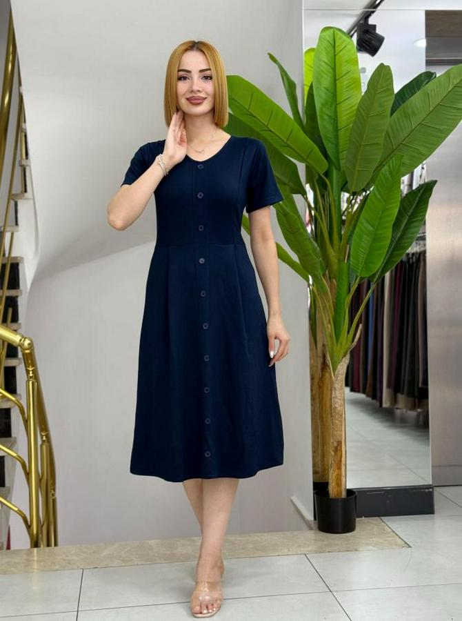 Kısa Kollu V Yakalı Önden Düğmeli A Kesim Dokuma Elbise