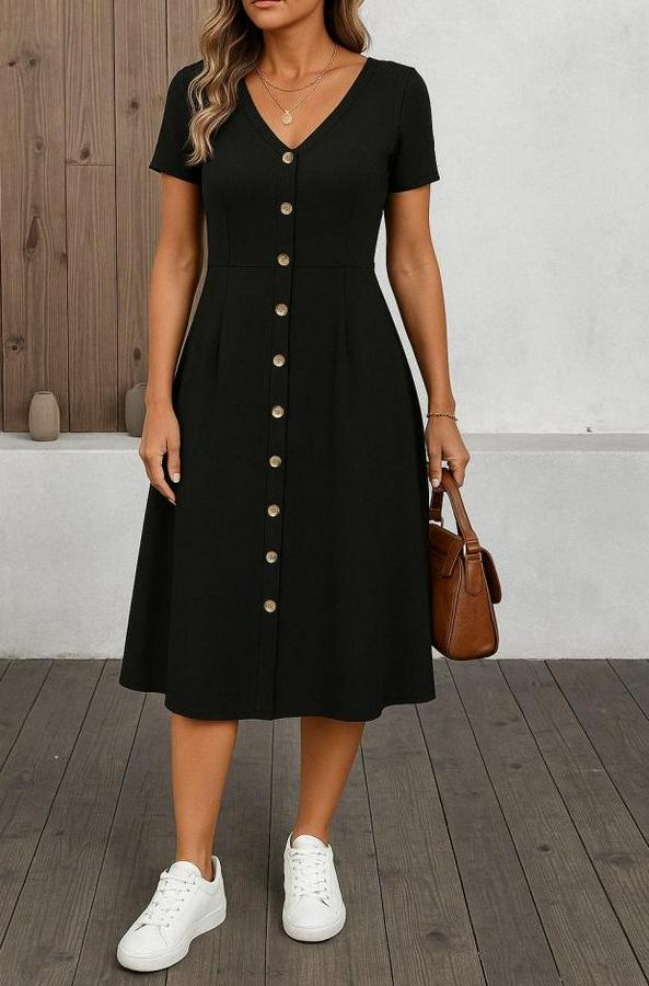 Kısa Kollu V Yakalı Önden Düğmeli A Kesim Dokuma Elbise
