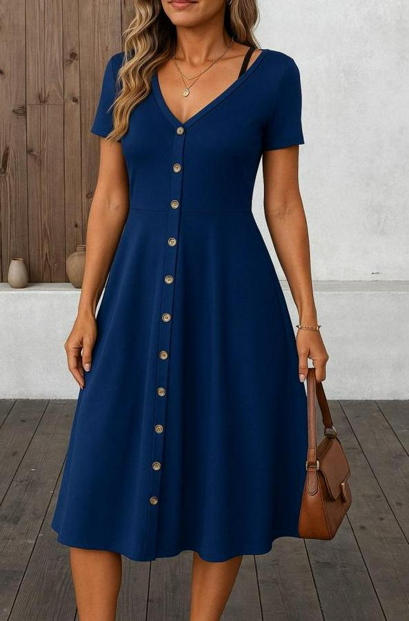 Kısa Kollu V Yakalı Önden Düğmeli A Kesim Dokuma Elbise