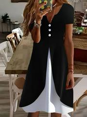 Kısa Kollu V Yakalı Önden Düğmeli Çift Renkli Viskon Elbise