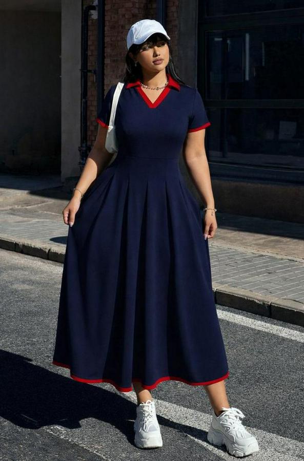 Kısa Kollu V Yakalı Pileli Uzun Janjan Krep Elbise