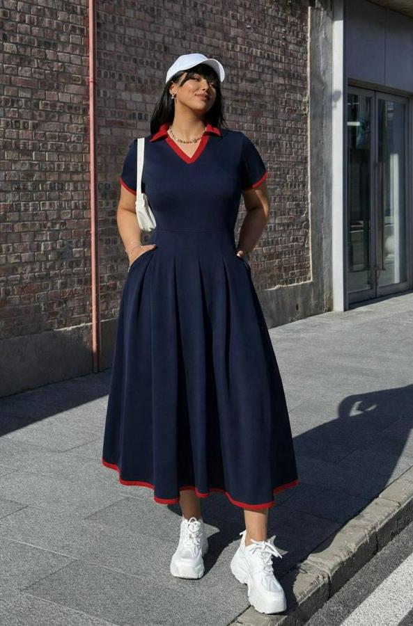 Kısa Kollu V Yakalı Pileli Uzun Janjan Krep Elbise