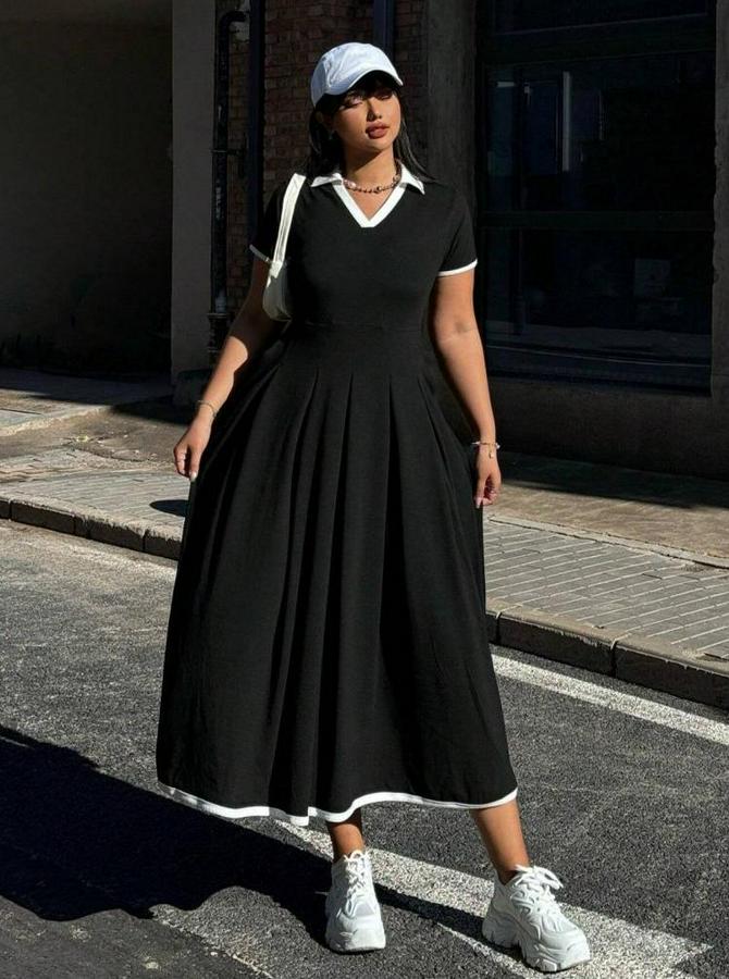 Kısa Kollu V Yakalı Pileli Uzun Janjan Krep Elbise