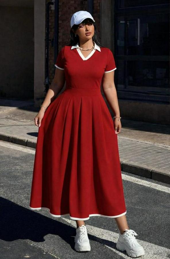Kısa Kollu V Yakalı Pileli Uzun Janjan Krep Elbise