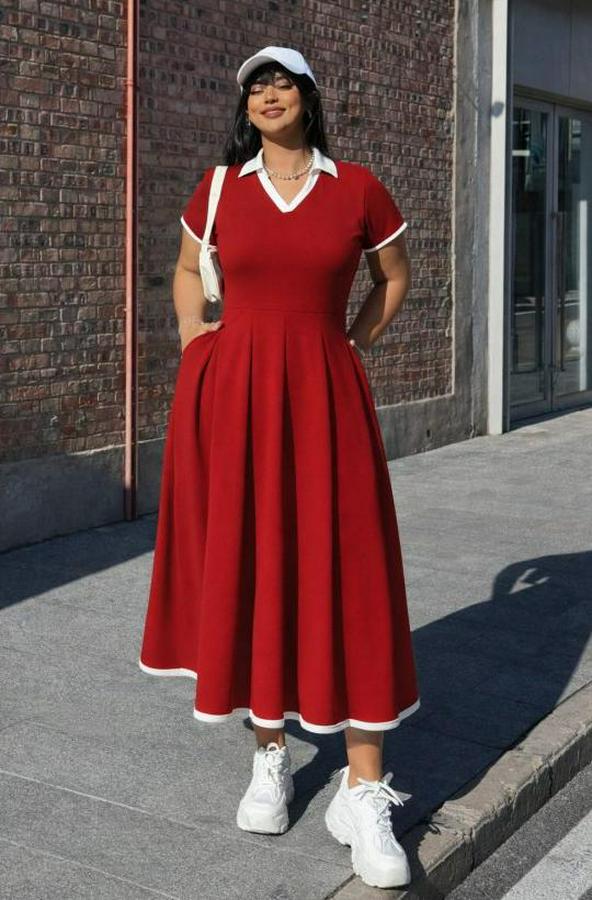 Kısa Kollu V Yakalı Pileli Uzun Janjan Krep Elbise