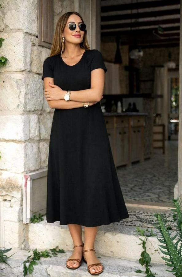 Kısa Kollu V Yakalı Yırtmaçlı Midi Viskon Elbise