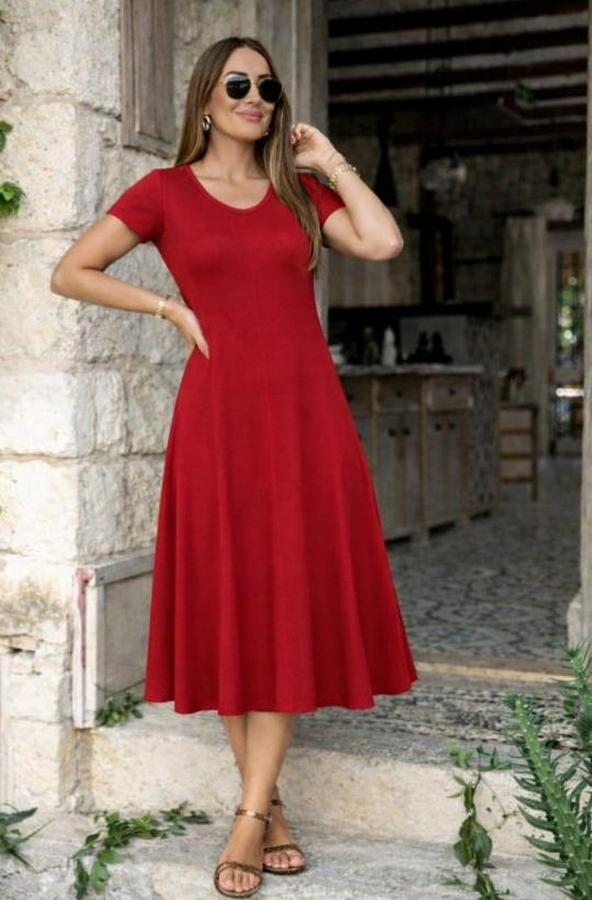 Kısa Kollu V Yakalı Yırtmaçlı Midi Viskon Elbise