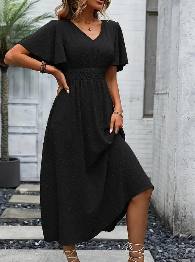 Kısa Kollu Volanlı Kol Beli Gipeli Jakarlı Vual Midi Boy Elbise