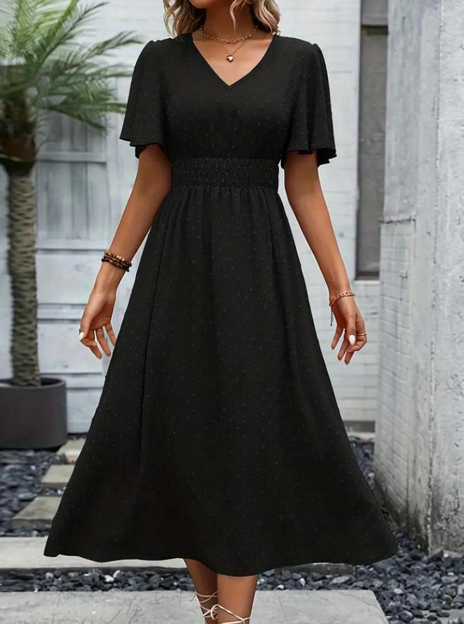 Kısa Kollu Volanlı Kol Beli Gipeli Jakarlı Vual Midi Boy Elbise