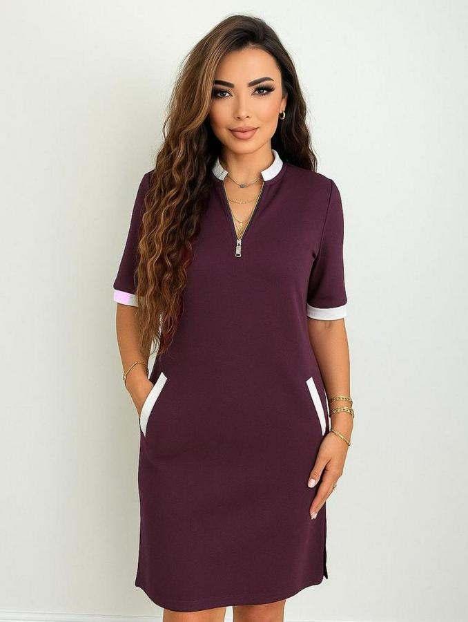 Kısa Kollu Yakadan Fermuarlı Cepli Yandan Yırtmaçlı Viskon Elbise