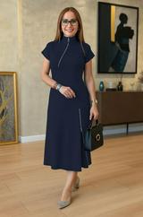 Kısa Kollu Yakadan Ve Etekten Fermuarlı Midi Viskon Iki Iplik Elbise