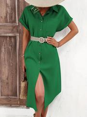 Kısa Kollu Yakalı Düğme Detay Midi Dokuma Elbise