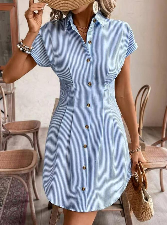 Kısa Kollu Yakalı Önden Düğmeli Kısa Trikoton Elbise