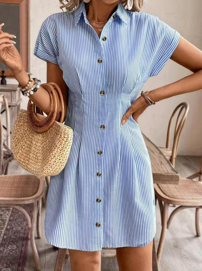 Kısa Kollu Yakalı Önden Düğmeli Kısa Trikoton Elbise