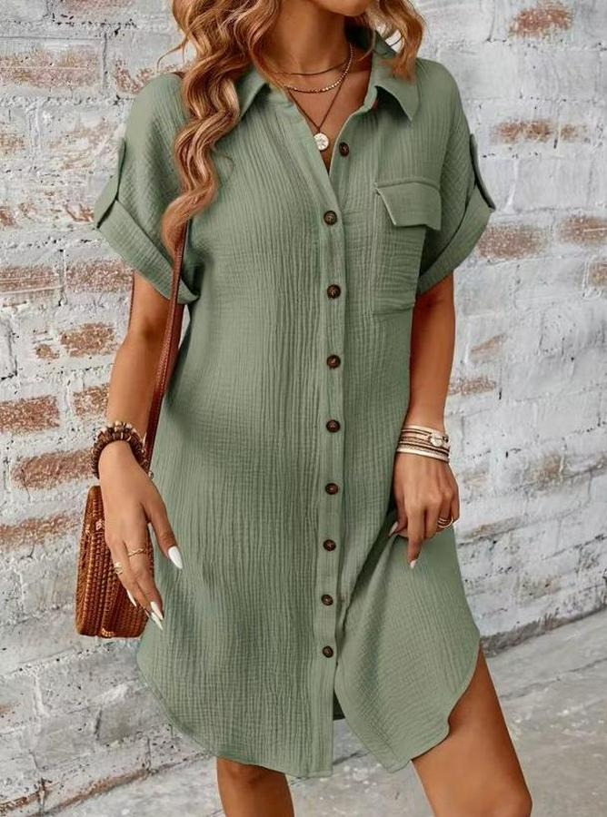 Kısa Kollu Yakalı Önden Düğmeli Bürümcük Kısa Elbise