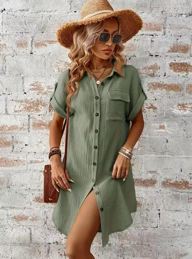 Kısa Kollu Yakalı Önden Düğmeli Bürümcük Kısa Elbise