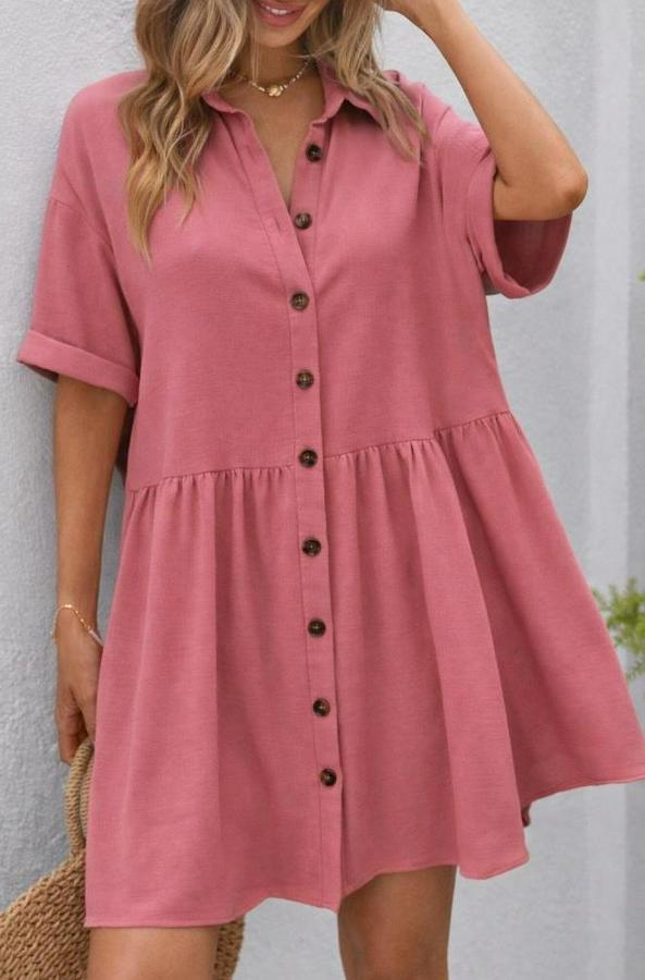 Kısa Kollu Yakalı Önden Düğmeli Kısa Bürümcük Elbise