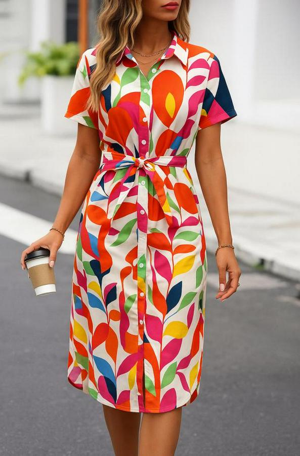 Kısa Kollu Yakalı Önü Düğmeli Önden Drapeli Desenli Süprem Elbise