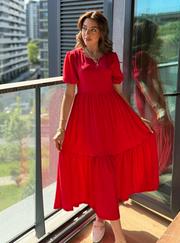 Kısa Kollu Yakası Açık Katlı Bürümcük Balon Elbise