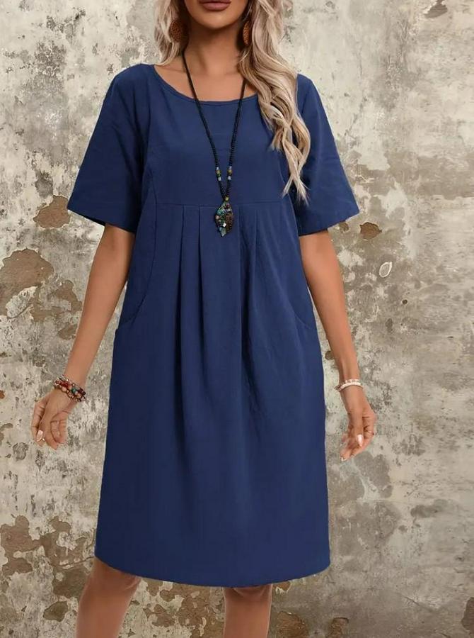 Kısa Kollu Yakası Açık Önden Büzgülü Cep Detaylı Viskon Iki Iplik Elbise