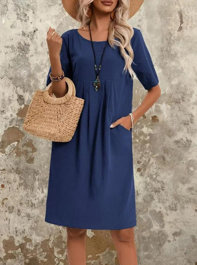 Kısa Kollu Yakası Açık Önden Büzgülü Cep Detaylı Viskon Iki Iplik Elbise