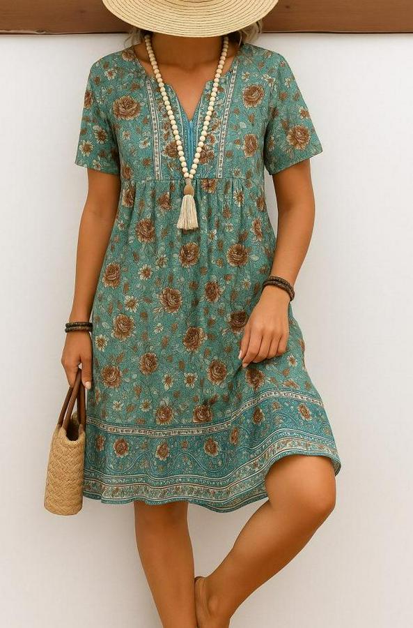 Kısa Kollu Yakası Bağcıklı Önden Düğmeli Fırfır Desenli Süprem Elbise