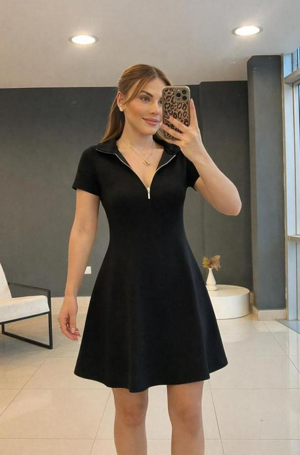 Kısa Kollu Yakası Fermuarlı Kısa Viskon Iki Iplik Elbise