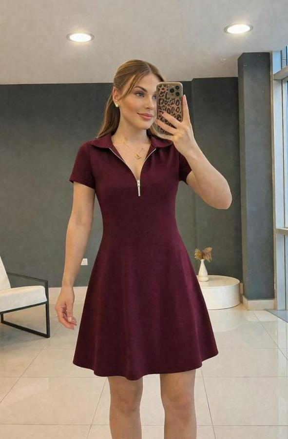 Kısa Kollu Yakası Fermuarlı Kısa Viskon Iki Iplik Elbise