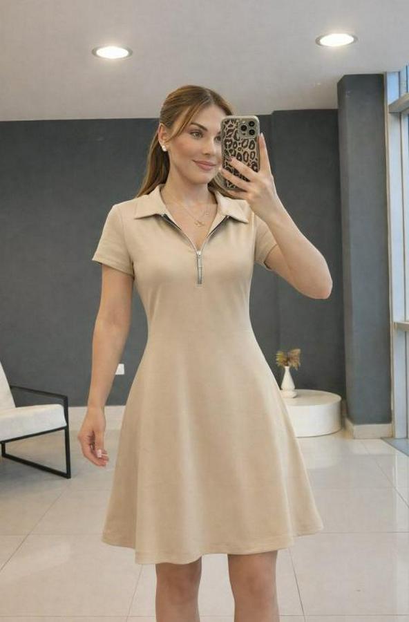 Kısa Kollu Yakası Fermuarlı Kısa Viskon Iki Iplik Elbise