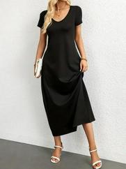 Kısa Kollu Yakası Yuvarlak Cepli Viskon Elbise
