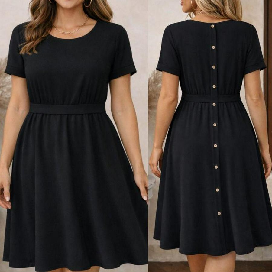 Kısa Kollu Yuvarlak Yaka Arkadan Düğmeli Viskon Midi Elbise