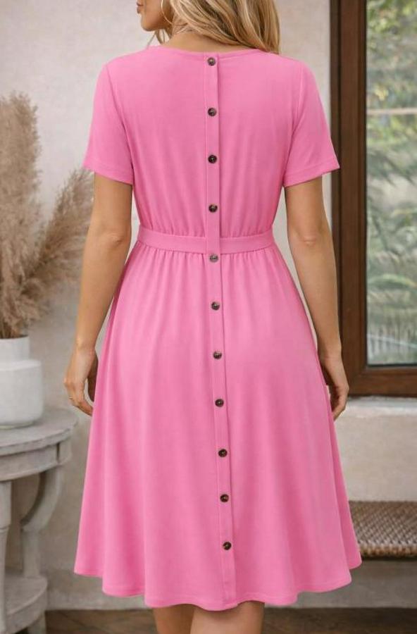 Kısa Kollu Yuvarlak Yaka Arkadan Düğmeli Viskon Midi Elbise
