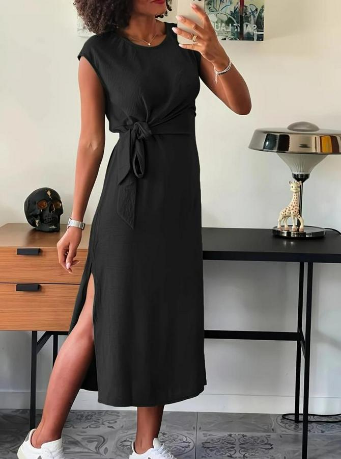 Kısa Kollu Yuvarlak Yaka Belden Bağcıklı Önden Yırtmaçlı Aerobin Elbise