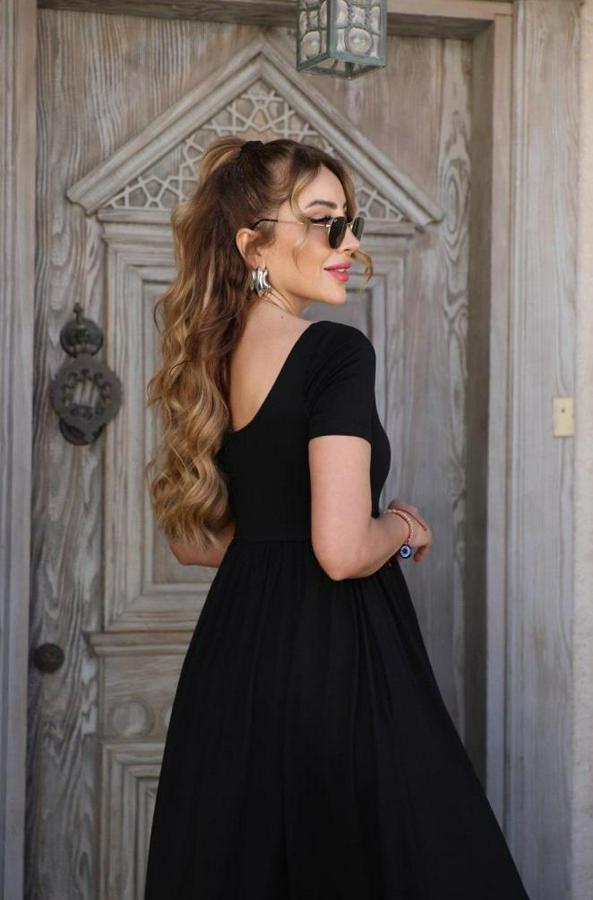 Kısa Kollu Yuvarlak Yaka Önden Yırtmaçlı Cepli Viskon Uzun Elbise