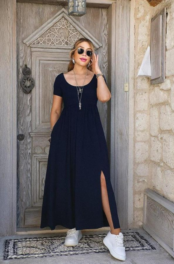 Kısa Kollu Yuvarlak Yaka Önden Yırtmaçlı Cepli Viskon Uzun Elbise