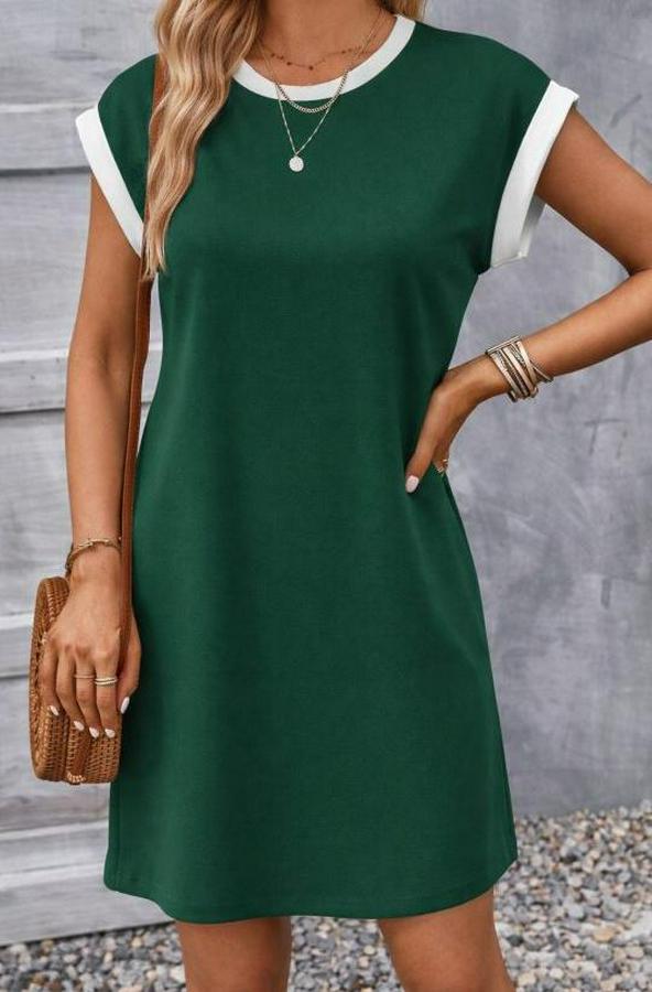 Kısa Kollu Yuvarlak Yakalı Kontrast Manset Detaylı Kısa Janjan Krep Elbise