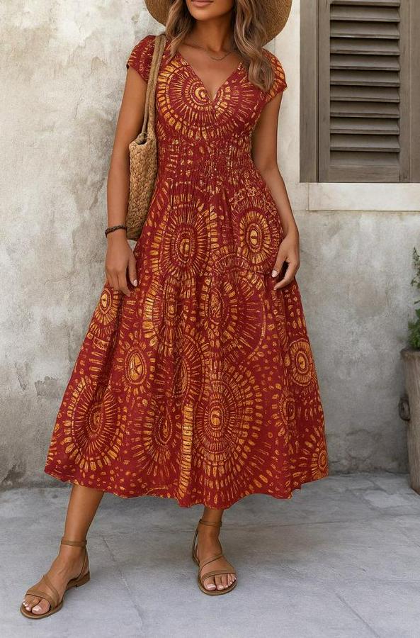 Kısa Yarasa Kanat Kollu V Yakalı Beli Büzgülü Süprem Elbise