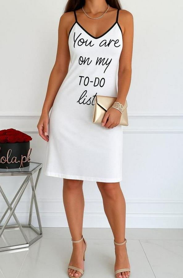 Kolsuz Askılı Sırt Çapraz Detay To Do List Baskı Süprem Gecelik Elbise