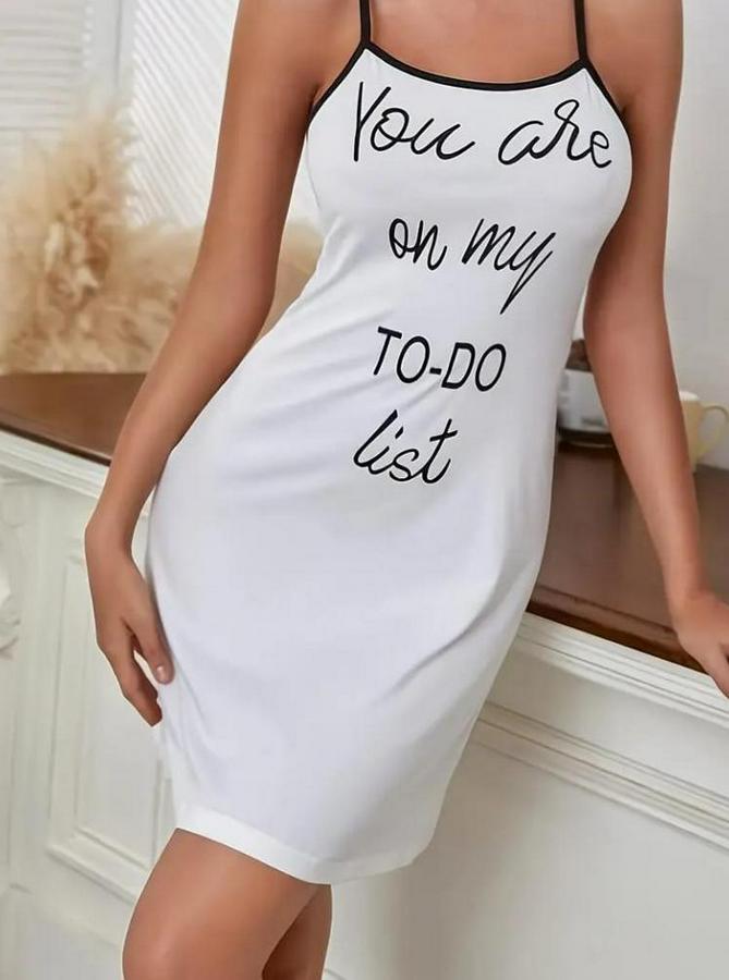 Kolsuz Askılı Sırt Çapraz Detay To Do List Baskı Süprem Gecelik Elbise