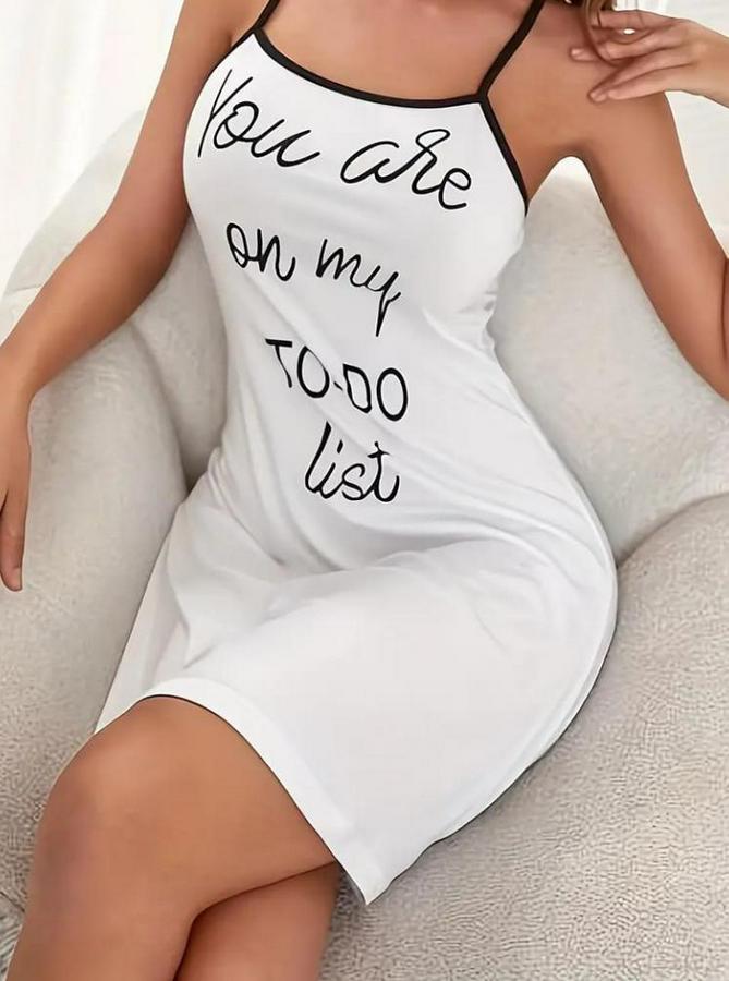 Kolsuz Askılı Sırt Çapraz Detay To Do List Baskı Süprem Gecelik Elbise