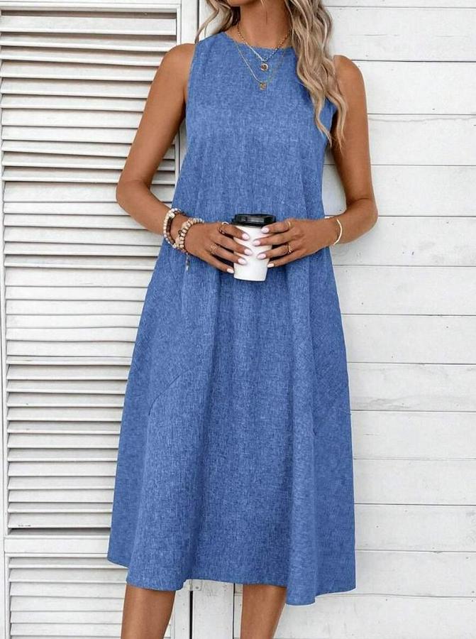 Kolsuz Bisiklet Yaka Cepli Midi Keten Elbise