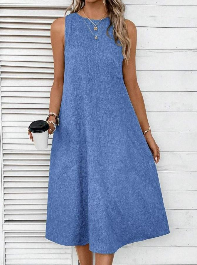 Kolsuz Bisiklet Yaka Cepli Midi Keten Elbise