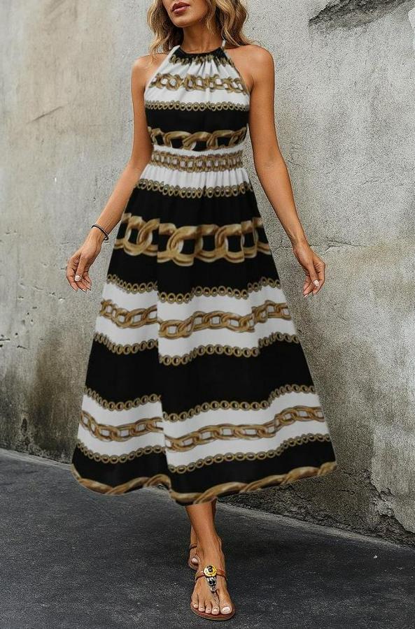 Kolsuz Boyundan Bağlamalı Beli Lastikli Dijital Baskı Süprem Uzun Elbise