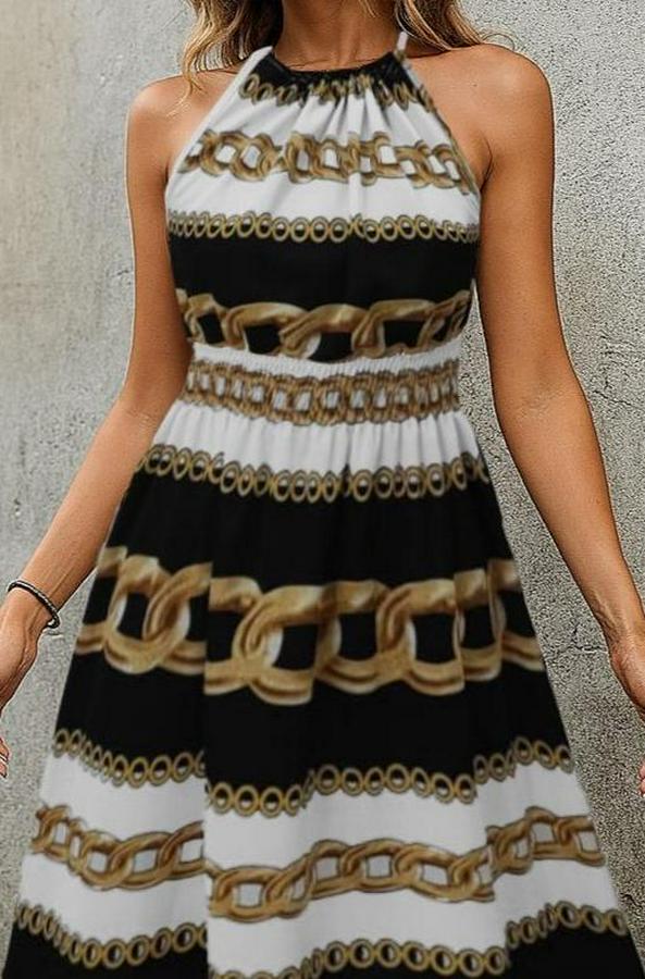 Kolsuz Boyundan Bağlamalı Beli Lastikli Dijital Baskı Süprem Uzun Elbise