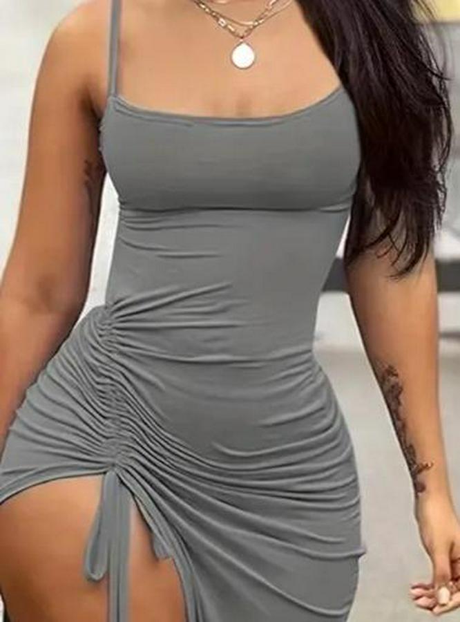 Kolsuz Ip Askılı Yandan Büzgülü Uzun Viskon Elbise