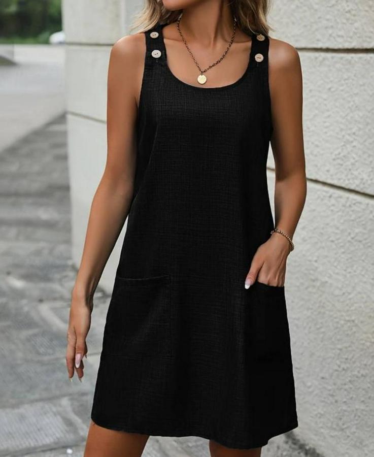 Kolsuz Kalın Askılı Düğme Detay Cepli Keten Elbise