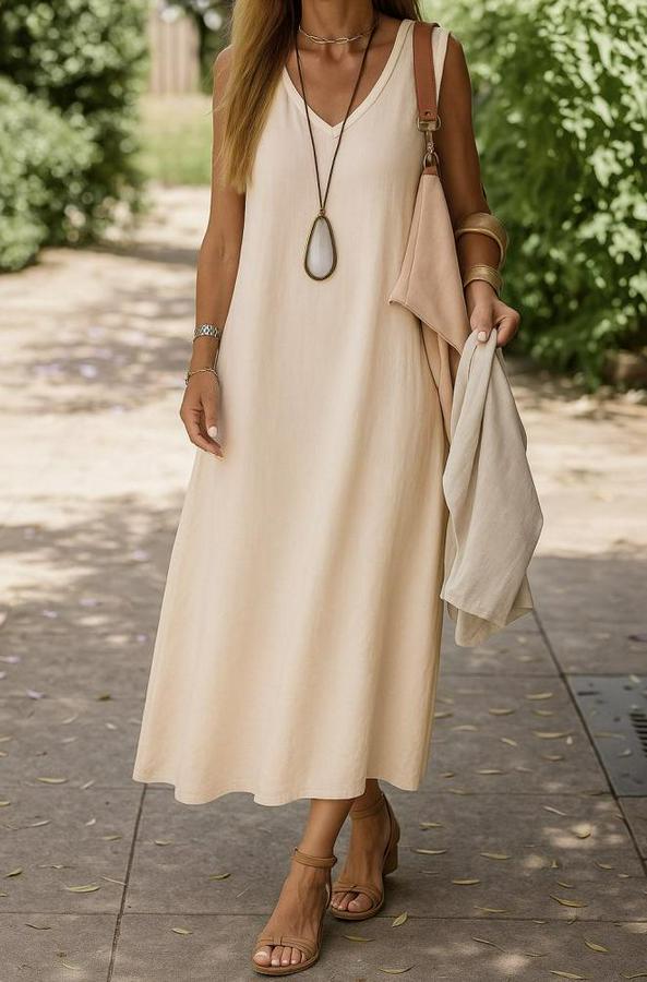Kolsuz V Yakalı Maksi Boy Ithal Keten Elbise